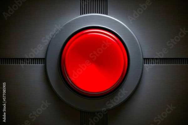 Fototapeta Red Button on the metal wall, closeup view. Created with Generative AI technology.