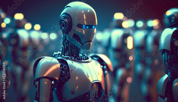 Fototapeta A robot in front of a crowd of robots. The robotic army of the future concept. Created with Generative AI technology.