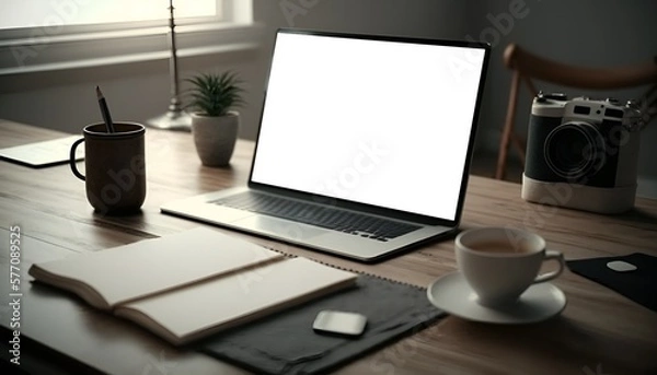 Fototapeta Workspace table with laptop computer mockup table. Close-up tabletop workspace. Generative AI.