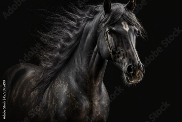Fototapeta Friesian black horse breed portrait on a black backdrop. Generative AI