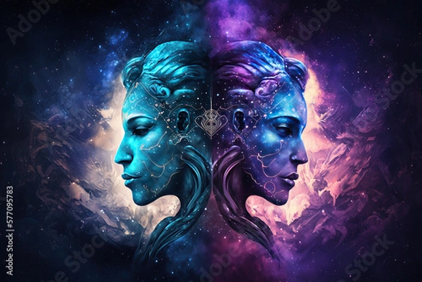 Obraz Front gemini zodiac sign against nebula background. Generative AI