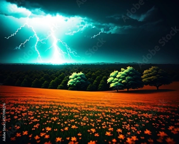 Fototapeta field with trees and a lightning strike in the background