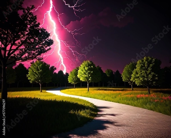 Fototapeta field with a lightning strike in the background