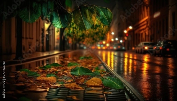 Fototapeta  a wet street with leaves on the ground and cars parked on the side of the road in the distance, with a building in the background.  generative ai