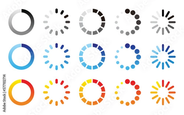 Fototapeta Set of icon progress indicators. Colorful set of loading icon in a row, isolated on white background.