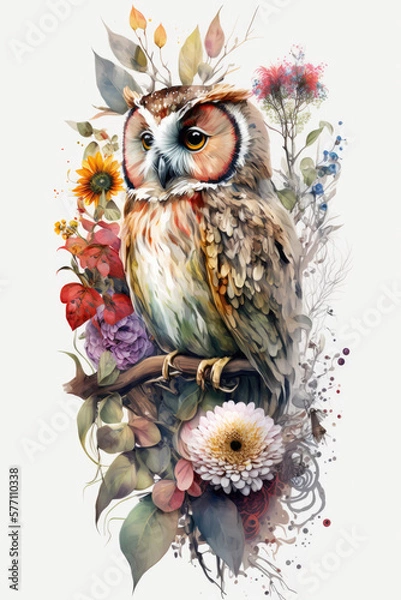 Fototapeta watercolor owl on a branch with flowers, white background, generative AI  finalized in Photoshop by me 
