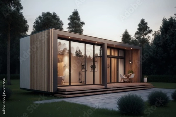 Fototapeta Small Modern Rectangular House In Forest. AI Generated. 3D Illustration.