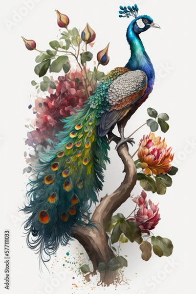 Fototapeta watercolor peacock on a branch with flowers, white background, generative AI  finalized in Photoshop by me 