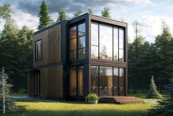 Obraz Small Modern Rectangular House In Forest. AI Generated. 3D Illustration.