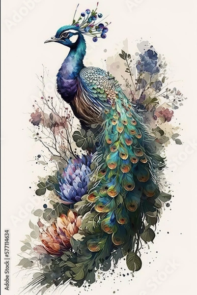 Fototapeta watercolor peacock on a branch with flowers, white background, generative AI  finalized in Photoshop by me 