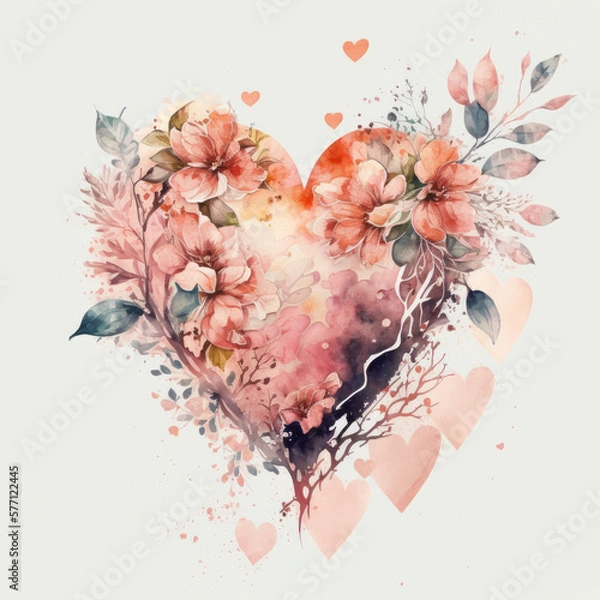 Fototapeta abstract watercolor heart with flowers, generative AI  finalized in Photoshop by me 