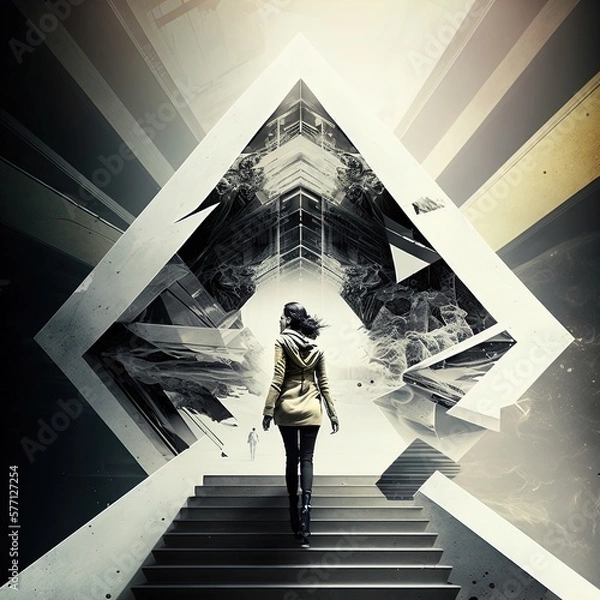 Fototapeta A business woman walking up the stairs towards career progression indicates light at the end of the tunnel and hope