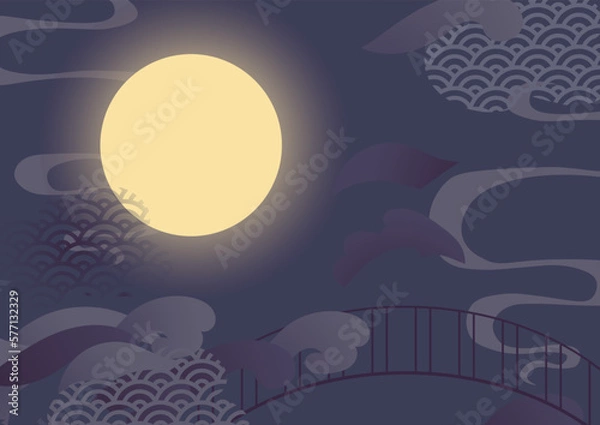 Obraz Night sky with clouds and full moon illustration for chinese valentine Qixi festival.
