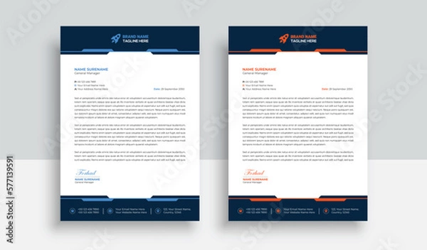 Fototapeta Clean and professional corporate company business letterhead template design with color variation bundle with blue, red elements and creative business stationery layout
