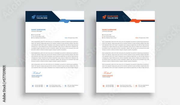 Fototapeta Clean and professional corporate company business letterhead template design with color variation bundle with blue, red elements and creative business stationery layout