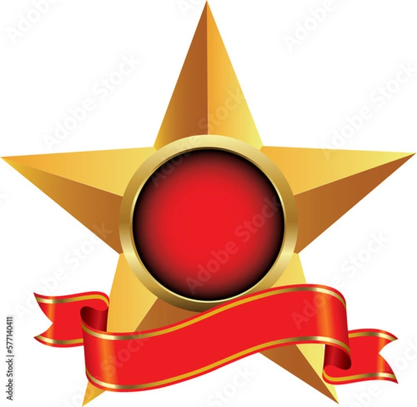 Obraz Gold star with red ribbon on dark background. Vector