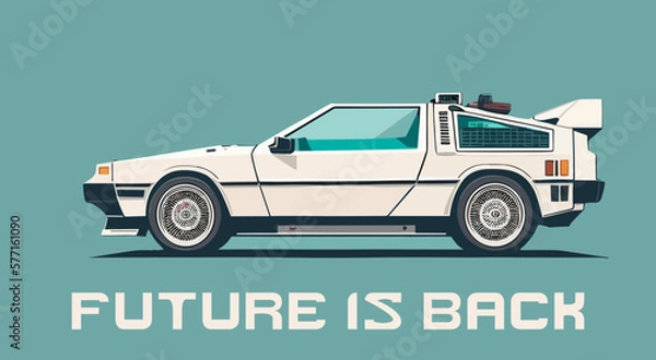 Obraz Retro futuristic car against muted turquoise background with text "FUTURE IS BACK". Cyberpunk concept. Synthwave poster. Retro future wallpaper. Vector illustration. EPS 10.