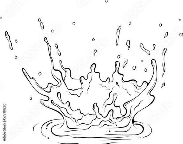Fototapeta Splatter crown of water or paint. Splashes of fluid. Vector illustration in hand drawn sketch doodle style. Line art liquid with drops isolated on white. Splash water motion. Abstract shapes
