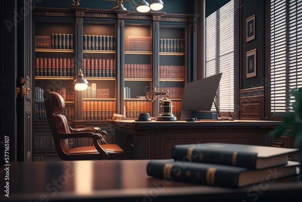 Obraz Luxurious and modern business lawyers office with table and lighting. Generative AI