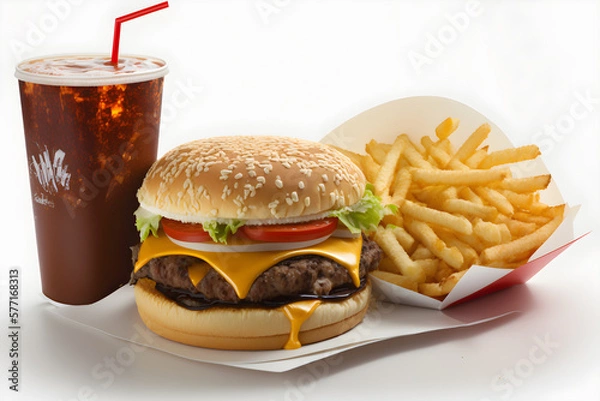 Fototapeta Appetizing hamburger ideal for advertisements with generative AI technology - Fast Food combo