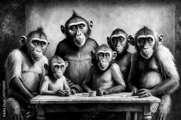Obraz family of monkeys at the table