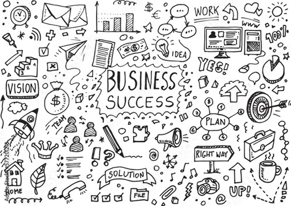 Fototapeta Business and success vector hand drawn doodles set, illustration on white paper