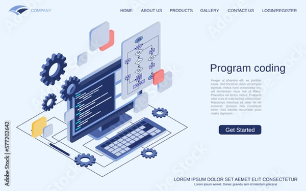 Obraz Program coding, application development, software construction flat 3d isometric vector concept illustration