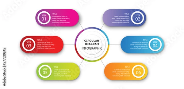 Obraz Business infographic process with circle template design with icons and 6 options or steps. Professional inforgraphic or info chart template isolated on white background with gradient colours	
