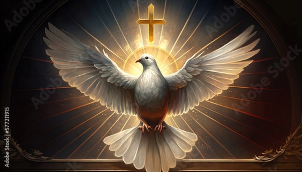 Fototapeta The outpouring of the Holy Spirit and the dawn of golden light: symbols of Easter, the Eucharist and the dove. Generative AI.