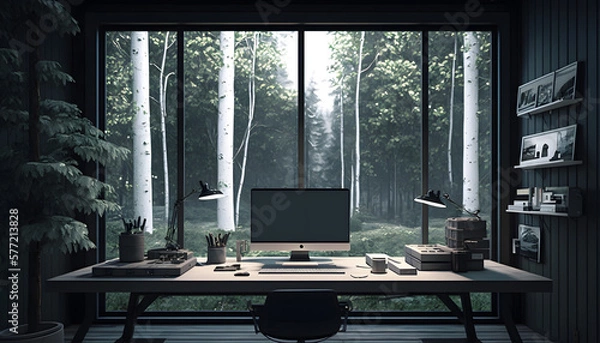 Fototapeta Enchanting Woodscape: A Majestic Minimalist Home Office Amidst Nature, AI Generative