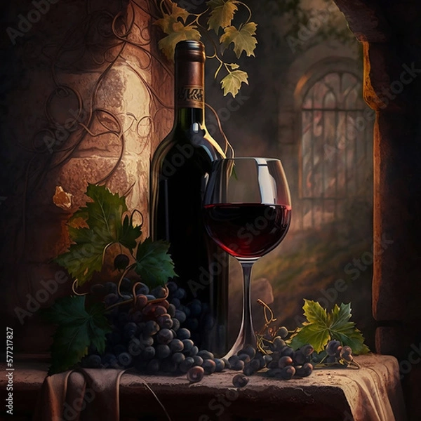 Obraz wine bottle and glass, made with generative AI