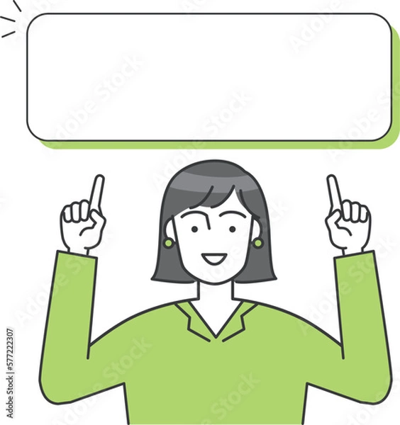 Obraz ビジネスパーソン（女性）が両手で頭の上のボードを指差しているベクターイラスト