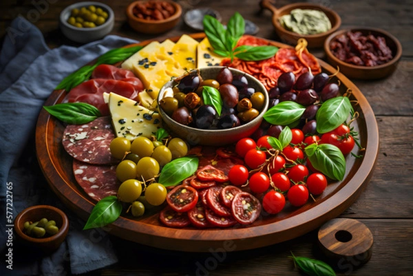 Obraz A colorful platter of antipasti - generative AI technology