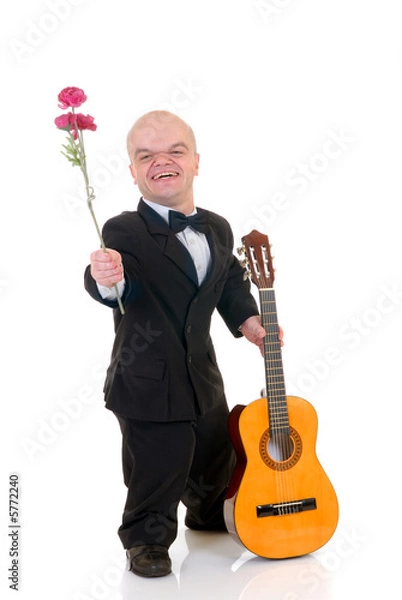 Fototapeta Little man, Don Juan dwarf with valentine rose and guitar,
