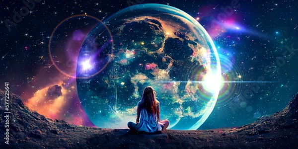Obraz  young woman sit on earth and watch big moon  on space night starry sky flares esoteric concept background generated ai
