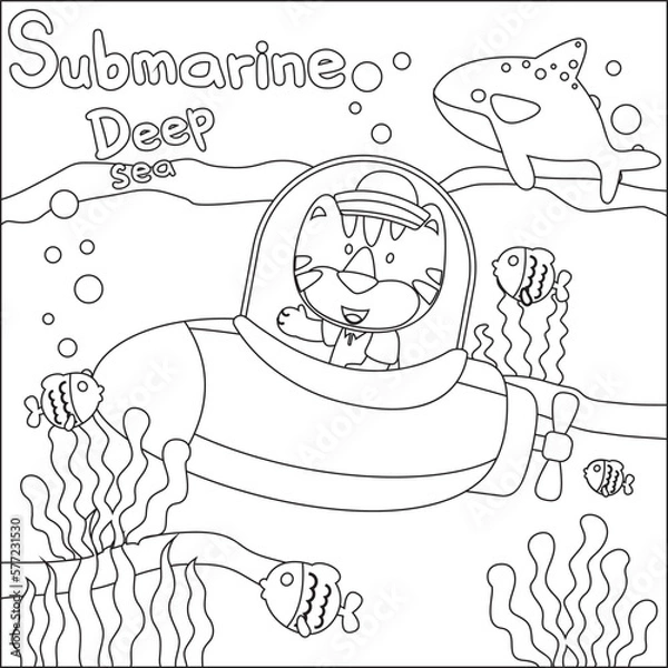 Obraz Vector illustration of little tiger driving submarine with cartoon style, Childish design for kids activity colouring book or page.