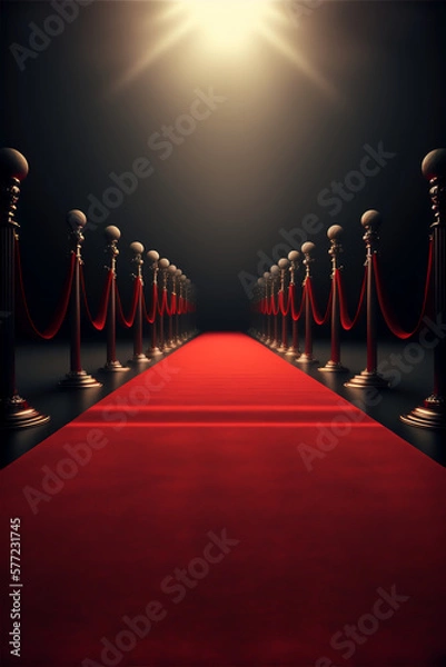 Fototapeta A red carpeted hallway with a red carpet and barriers, Generative Ai