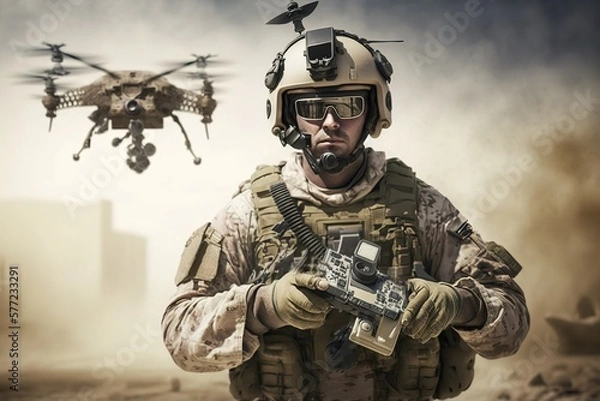 Fototapeta soldier in military uniform controls a quadcopter, generative AI