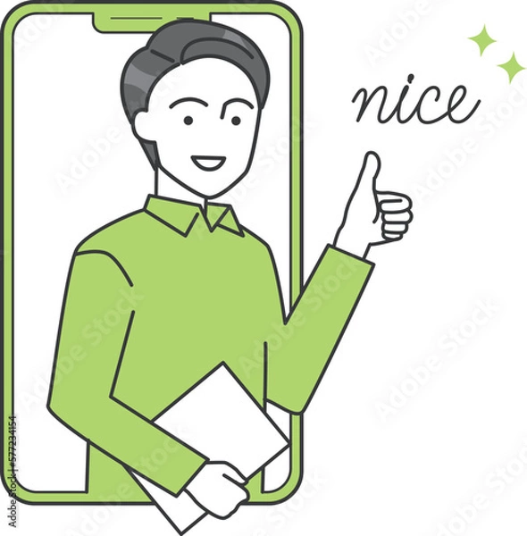 Obraz ビジネスパーソン（男性）がスマホからグッドポーズをしているベクターイラスト