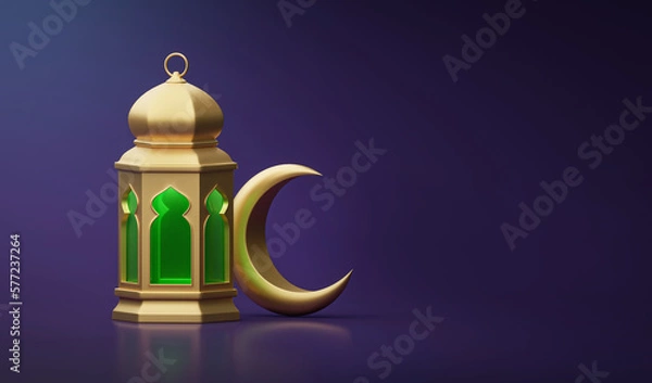 Fototapeta Ramadan Kareem. Ramadhan or Eid Mubarak greeting background. Golden Moon and lantern 3d render
