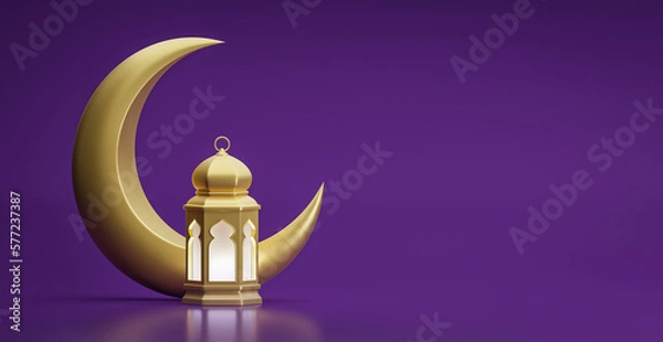 Fototapeta Ramadan Kareem. Ramadhan or Eid Mubarak greeting background. Golden Moon and lantern 3d render

