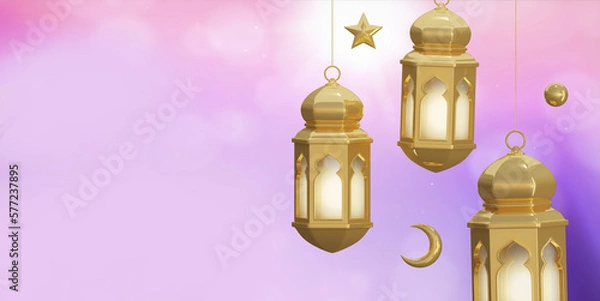 Fototapeta Ramadan Kareem. Ramadhan or Eid Mubarak greeting background. Golden lamps lanterns 3d render
