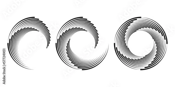 Obraz Set of speed lines in spiral form. Segmented circle. Geometric art. Circular shape. Trendy design element for vector dotted frame, round logo, tattoo, sign, symbol, web pages, print