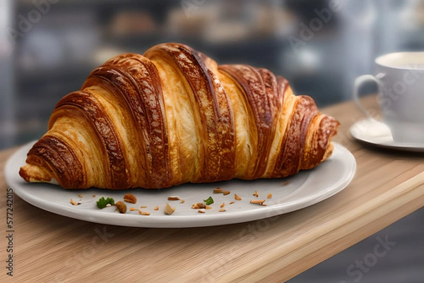 Fototapeta Croissant in a plate at the table blur or bokeh background.