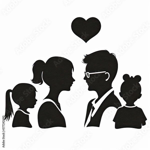 Fototapeta Beautiful, adorable, loving family with child black, white and red image of silhouettes, profile of their head, with a big heart outline, love, calm
