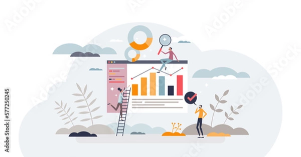 Fototapeta People analytics with statistics about person performance tiny person concept, transparent background. Social chart and graph measurement research about population information illustration.