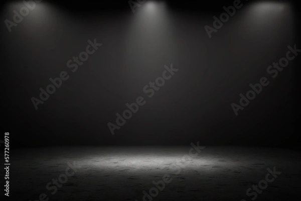 Fototapeta Dark black empty room scene with spotlight. Studio room for product photography or display. Generative AI