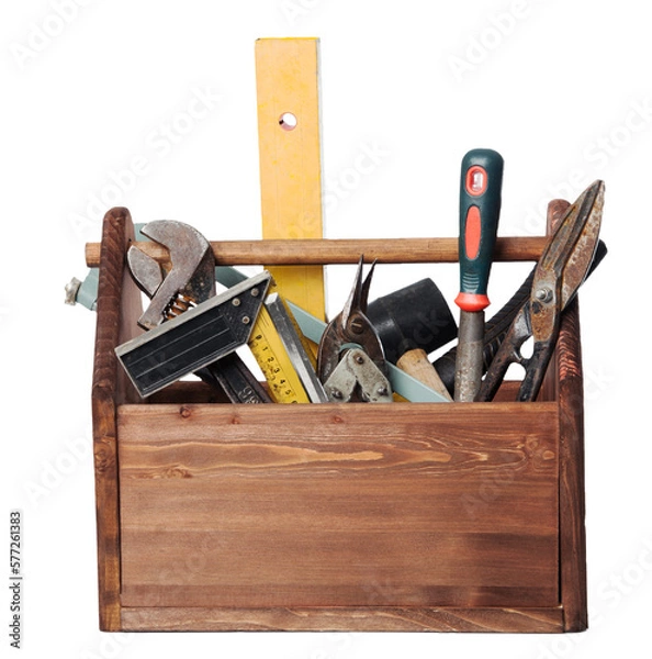 Fototapeta Old Carpenter Wooden toolbox with tools isolated isolate on transperent background