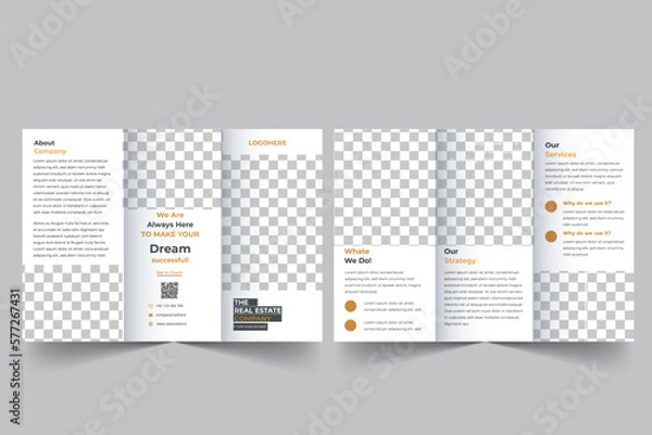 Fototapeta Real estate business trifold brochure template. Modern, Creative and Professional tri fold brochure vector design. Simple and minimalist promotion Design