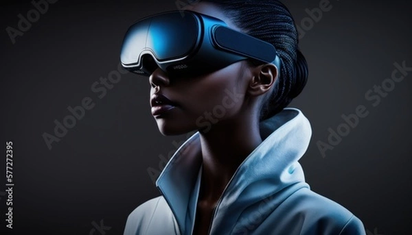 Fototapeta Woman with Modern VR headset, exploring Metaverse. Isolated studio shot. Generative AI.